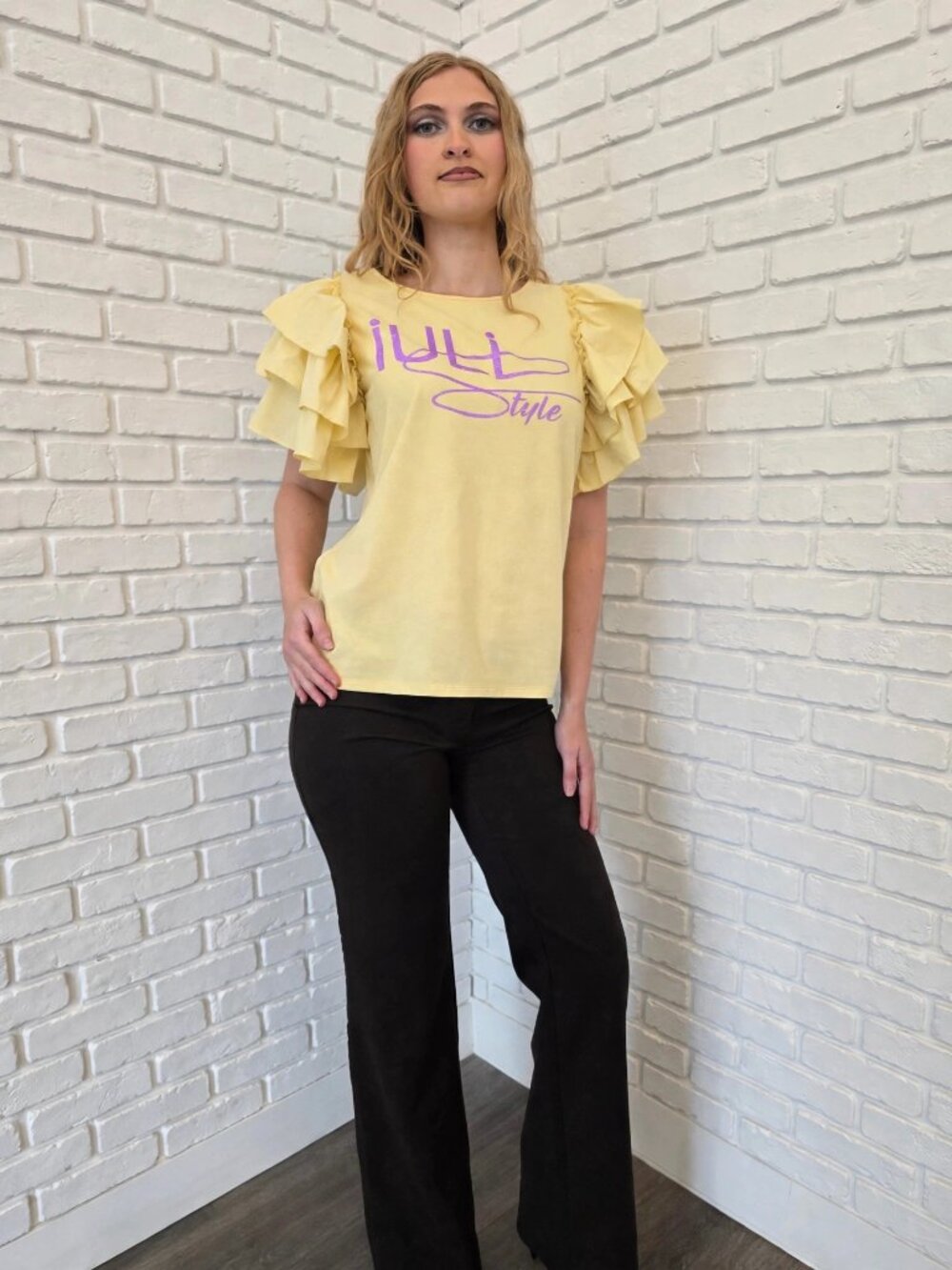 iULi Style Yellow Ruffle Sleeve Logo Top
